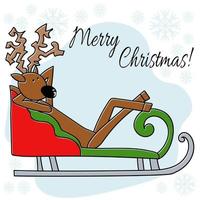 Merry Christmas greeting card with positive reindeer in doodle style in red sleigh vector