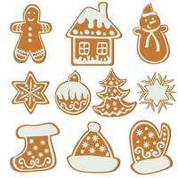 A set of gingerbread cookies of various shapes and sizes, Christmas pastries with ornate icing patterns vector
