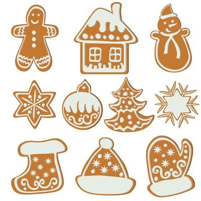 A set of gingerbread cookies of various shapes and sizes, Christmas pastries with ornate icing patterns