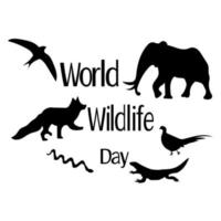 día mundial de la vida silvestre, siluetas de animales salvajes de varios tipos y una inscripción temática, para una pancarta o tarjeta vector
