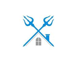 Trident crossed with roof house logo vector