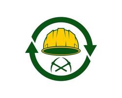 Circular arrow with safety helmet and mining axe inside vector