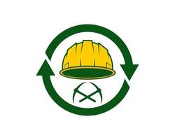 Circular arrow with safety helmet and mining axe inside vector