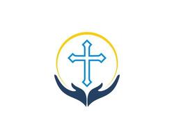 Christian cross on the wishing hand logo vector