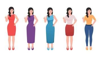 Girl showing thumbs up gesture and other hand on waist, flat character vector illustration set