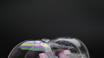 bolle di sapone isolate su sfondo nero. bolle di sapone astratte con riflessi colorati. bolle di sapone in movimento sullo sfondo. video