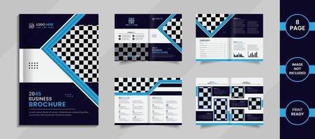 diseño de folleto corporativo moderno con formas creativas, sombras e información de color azul cielo y profundo. vector