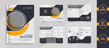 Modern 8 page corporate brochure template design with black and yellow shapes on a simple white mockup. vector