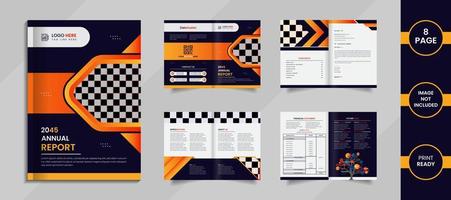 Modern 8 page Annual report brochure design with deep blue, yellow and orange gradient color shapes. vector