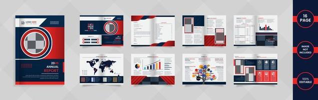 16 Page Annual Report Design with deep blue and red color abstract shapes and information. vector