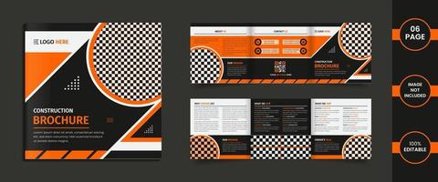 WebConstruction 6 page square trifold brochure design template with orange and black color abstract shapes and data. vector