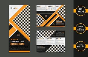 Construction 6 page trifold brochure design template with yellow and black color geometric shapes. vector