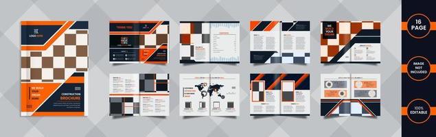 Modern Construction 16 page brochure design with orange and blue color geometric shapes and Information. vector