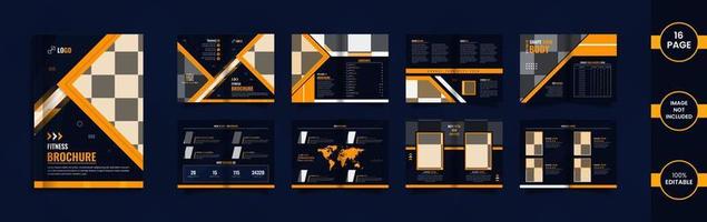 Modern fitness 16 page brochure design with yellow and blue color geometric shapes and data. vector