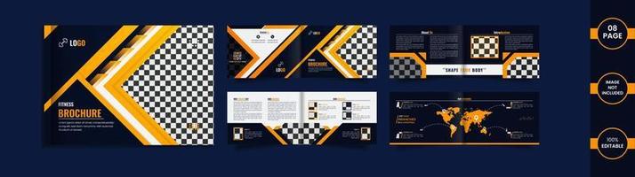 Gym Landscape 8 page brochure design template with yellow color abstract shapes. vector