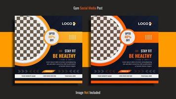 Gym and fitness social media post design pack with round and square yellow, orange and white color unique shapes. vector