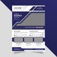 Modern minimal real estate flyer template with blue color abstract shapes on a white background, vector design.