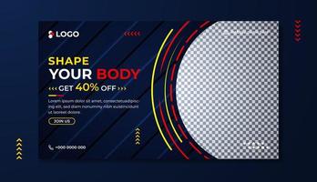 Gym and fitness social media post, web banner design with glowing shapes on a dark blue background. vector