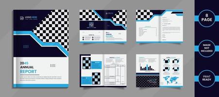 Modern 8 page Annual report brochure design with deep and sky blue color creative shapes. vector