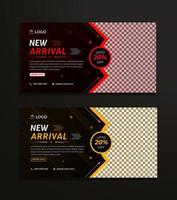 Web Fashion social media post pack design with red and yellow color shapes on a dark 3D background. vector