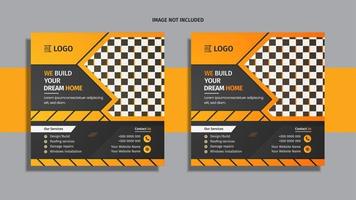 Modern construction social media post design with yellow and orange color creative shapes on dark background. vector