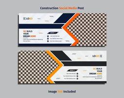 diseño de banner web de construcción moderna con formas creativas de color amarillo, azul profundo, negro y naranja sobre fondo blanco. vector