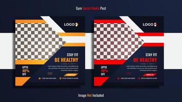 Gym and fitness social media post design pack with yellow, red and white color unique shapes and data. vector