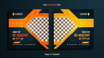 Gym and fitness social media post design pack with yellow and Orange color shapes with lights on a dark gradient background. vector