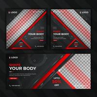 Gym and fitness social media post, web banner design with red color abstract shape on a black background three in one pack vector