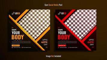 Gym and fitness social media post design pack with yellow and red color shapes on a dark background. vector