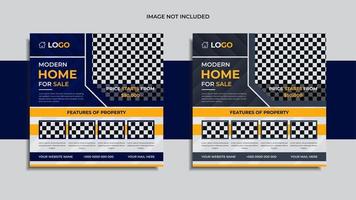 Modern Real estate social media post design 2 in 1 pack with blue and grey color abstract shapes, and data vector