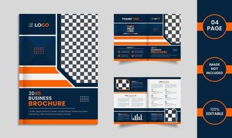 Business 4 page brochure design with yellow and blue color geometric shapes and data. vector