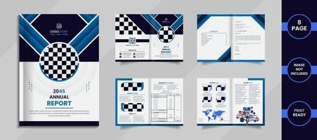 8 page corporate brochure design with deep and sky blue color creative shapes with data. vector