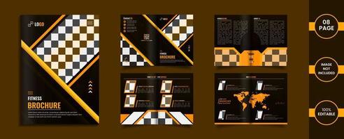 Gym 8page Bifold Brochure design with yellow color abstract shapes and Information. vector