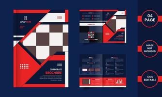 Corporate 4 page brochure design with red and blue color geometric shapes and data. vector