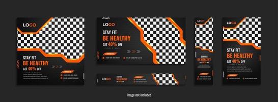 Gym social media and web banner set design with creative shapes. vector
