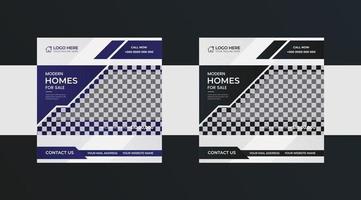 Modern real estate social media post pack design with blue and black color abstract shapes. vector