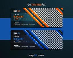 Modern gym and fitness web banner pack with yellow, and blue color unique shapes with lights. vector