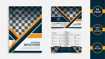 Modern 04 page Bifold Company brochure design with yellow and deep cyan color abstract shapes and Information. vector