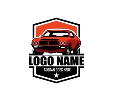 muscle car logo- vector car isolated on blue looks elegant from a stylish front and great for banners, templates, emblems, badges, clothes