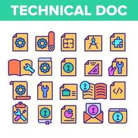 vector de conjunto de iconos de línea delgada de documentación técnica de color