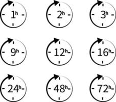 conjunto de iconos de tiempo de servicio de entrega sobre fondo blanco. estilo plano icono de flecha de reloj 1, 3, 6, 9, 12, 16, 24, 48, 72 horas para el diseño de su sitio web, logotipo, aplicación, ui. conjunto de símbolo de tiempo. vector