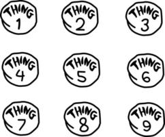 1-9 sign things graphic printable. circles with numbers one, two, three, four, five, six, seven, eight and nine. thing family sign. vector