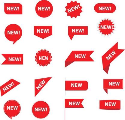 set of new sticker. stickers for new arrival shop product tags. red stickers sign.