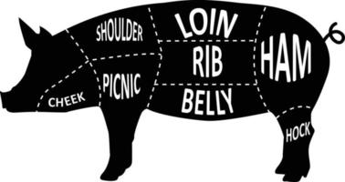 butcher pig on white background. barbecue shop sign. meat cuts sign. American US pork uts diagram. flat style. vector