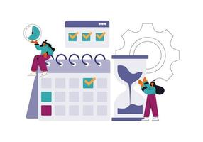 Time management. Projects and deadlines. Time management concept planning, organization, working time. Time organization efficiency. Schedule job project team. Vector flat illustration