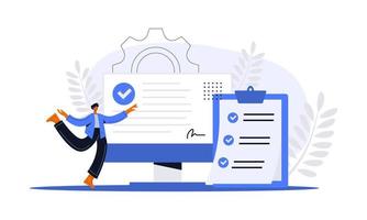 People marked checklist on a clipboard paper. Successful completion of business tasks. Flat vector illustration