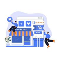 concepto de compras en línea, personas que compran productos en la tienda en línea. plantilla de diseño de página web plana moderna para desarrollo de sitios web y móviles. ilustración vectorial vector