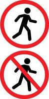 prohibición sin señal peatonal. no hay acceso para el símbolo de prohibición de peatones. no hay acceso al icono de caminar para la prohibición de los peatones. estilo plano vector