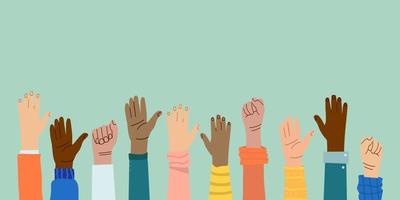 the hands of people of different nationalities. A united community of people of skin color. Cultural and ethnic diversity. Protest and strike. Fighting for your rights. vector illustration